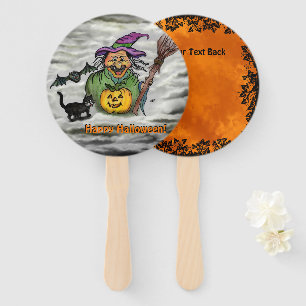Witch , Cat , Bat and Pumpkin , Happy Halloween ! Hand Fan