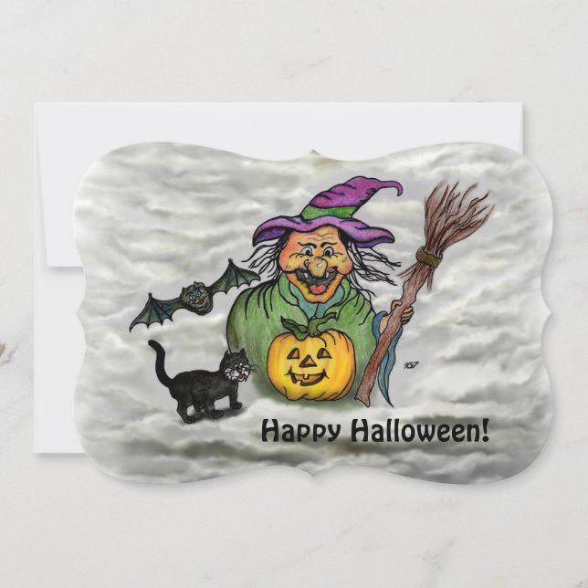 Witch , Cat , Bat and Pumpkin , Happy Halloween ! Invitation (Front)