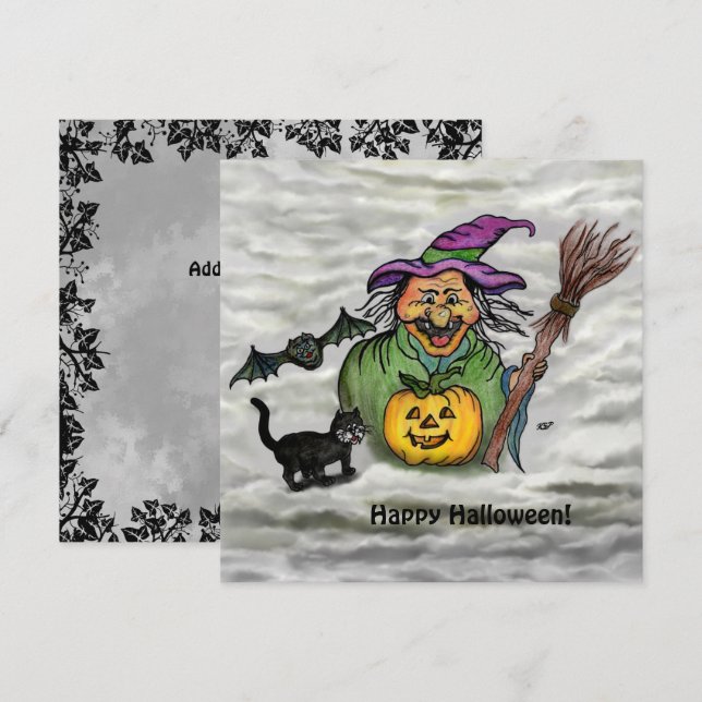 Witch , Cat , Bat and Pumpkin , Happy Halloween ! Invitation (Front/Back)