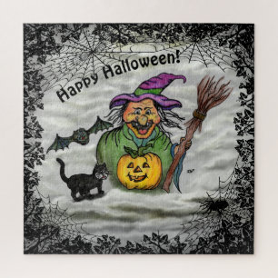 Witch , Cat , Bat and Pumpkin , Happy Halloween ! Jigsaw Puzzle