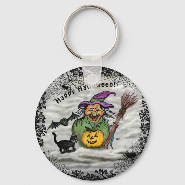 Witch , Cat , Bat and Pumpkin , Happy Halloween ! Key Ring (Front)