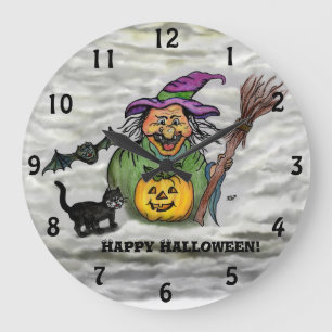 Witch , Cat , Bat and Pumpkin , Happy Halloween ! Large Clock