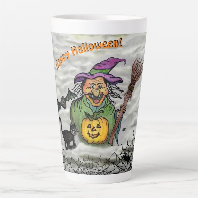 Witch , Cat , Bat and Pumpkin , Happy Halloween ! Latte Mug (Front)