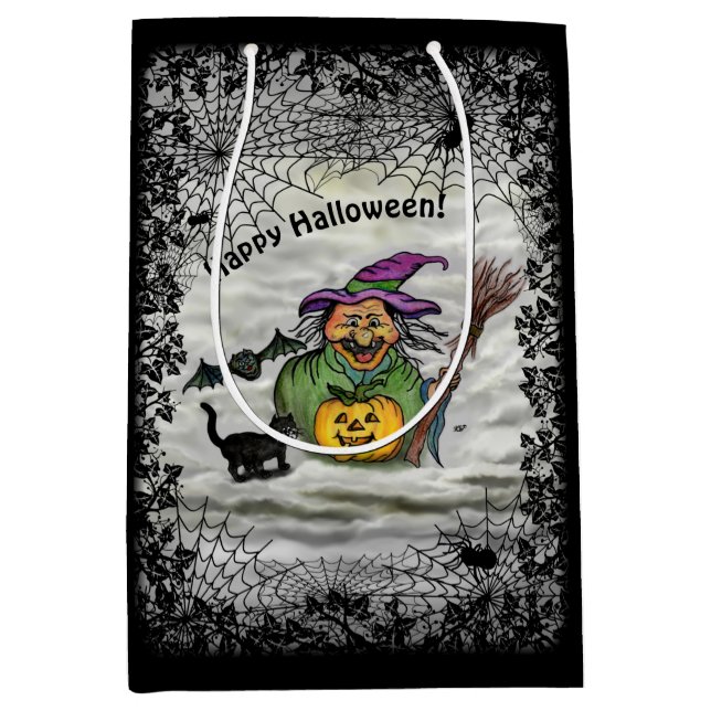 Witch , Cat , Bat and Pumpkin , Happy Halloween ! Medium Gift Bag (Front)