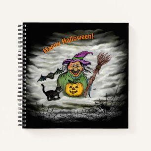 Witch , Cat , Bat and Pumpkin , Happy Halloween ! Notebook