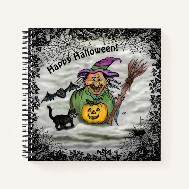 Witch , Cat , Bat and Pumpkin , Happy Halloween ! Notebook (Front)