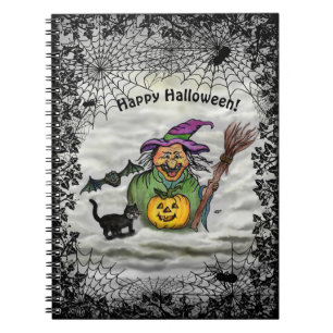 Witch , Cat , Bat and Pumpkin , Happy Halloween ! Notebook
