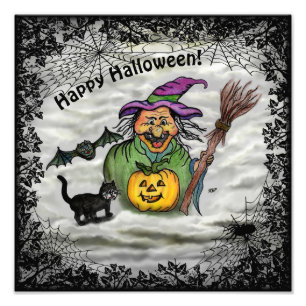 Witch , Cat , Bat and Pumpkin , Happy Halloween ! Photo Print