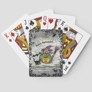 Witch , Cat , Bat and Pumpkin , Happy Halloween ! Playing Cards