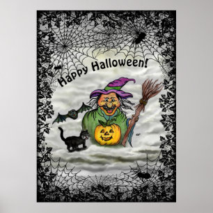 Witch , Cat , Bat and Pumpkin , Happy Halloween ! Poster