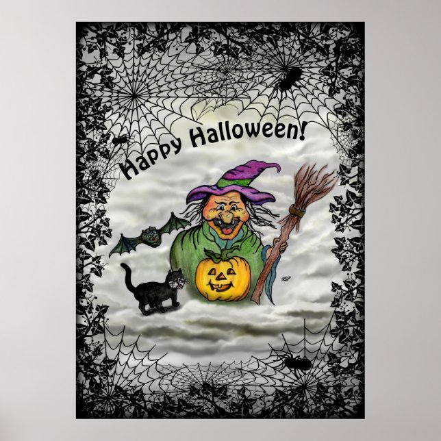 Witch , Cat , Bat and Pumpkin , Happy Halloween ! Poster (Front)