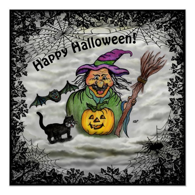 Witch , Cat , Bat and Pumpkin , Happy Halloween ! Poster (Front)