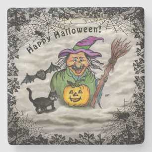 Witch , Cat , Bat and Pumpkin , Happy Halloween ! Stone Coaster