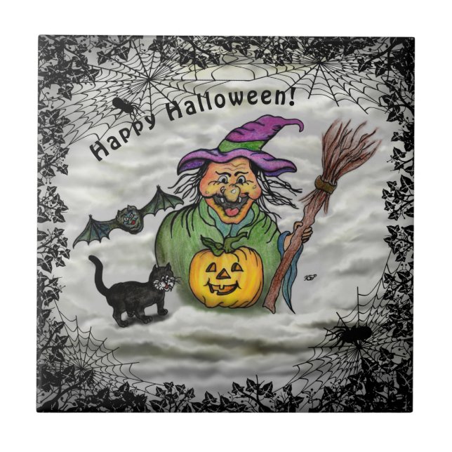 Witch , Cat , Bat and Pumpkin , Happy Halloween ! Tile (Front)