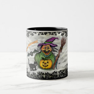 Witch , Cat , Bat and Pumpkin , Happy Halloween ! Two-Tone Coffee Mug