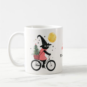 Witch Cat Cycling with Xmas Tree Quirky Christmas Coffee Mug