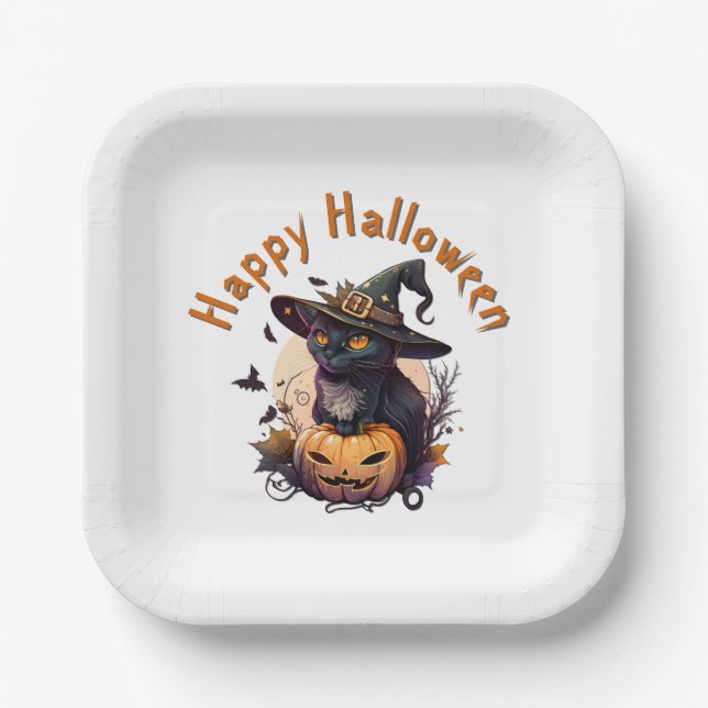 Witch Cat for Happy Halloween  Paper Plate (Front)