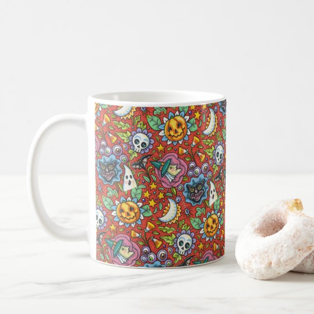 WITCH, CAT, GHOST, COLORFUL HALLOWEEN FOLK GARDEN COFFEE MUG (With Donut)