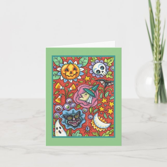 WITCH, CAT, GHOST, COLORFUL HALLOWEEN FOLK GARDEN HOLIDAY CARD (Front)