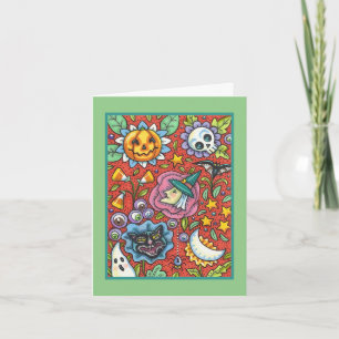 WITCH, CAT, GHOST, COLORFUL HALLOWEEN FOLK GARDEN HOLIDAY CARD