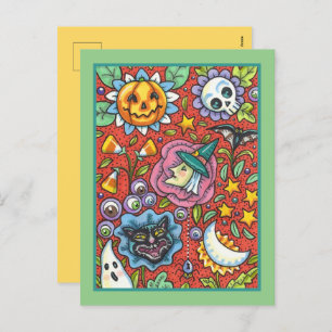 WITCH, CAT, GHOST, COLORFUL HALLOWEEN FOLK GARDEN HOLIDAY POSTCARD