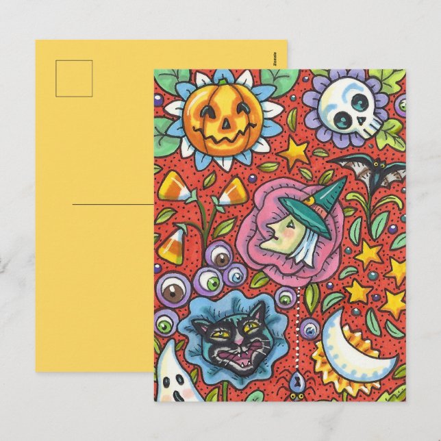 WITCH, CAT, GHOST, COLORFUL HALLOWEEN FOLK GARDEN HOLIDAY POSTCARD (Front/Back)