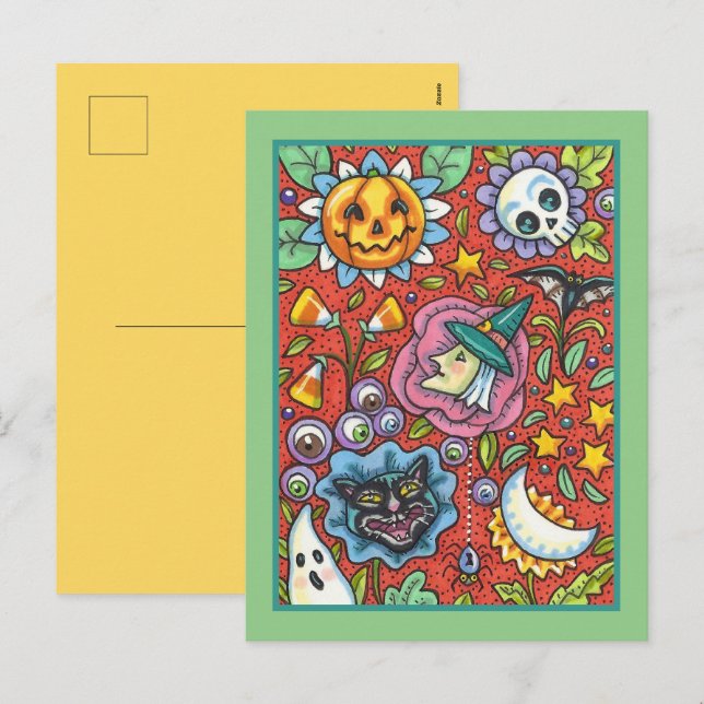 WITCH, CAT, GHOST, COLORFUL HALLOWEEN FOLK GARDEN HOLIDAY POSTCARD (Front/Back)