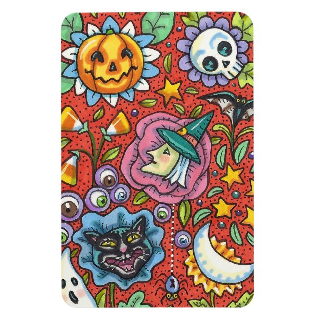 WITCH, CAT, GHOST, COLORFUL HALLOWEEN FOLK GARDEN MAGNET (Vertical)
