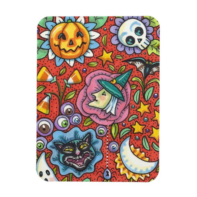 WITCH, CAT, GHOST, COLORFUL HALLOWEEN FOLK GARDEN MAGNET (Vertical)