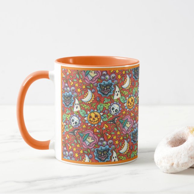 WITCH, CAT, GHOST, COLORFUL HALLOWEEN FOLK GARDEN MUG (With Donut)