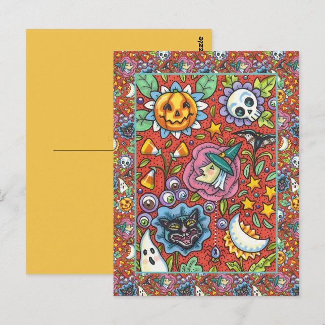 WITCH, CAT, GHOST, COLORFUL HALLOWEEN FOLK GARDEN POSTCARD (Front/Back)