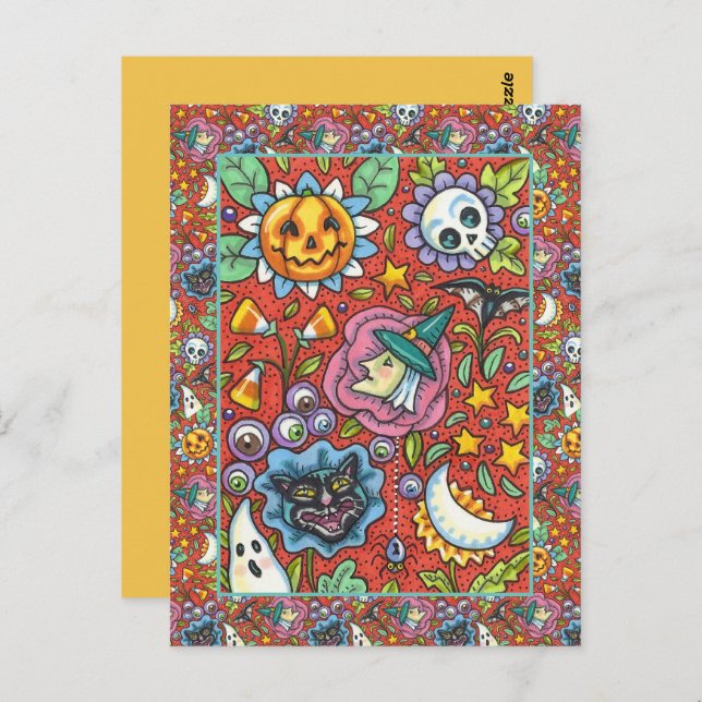 WITCH, CAT, GHOST, COLORFUL HALLOWEEN FOLK GARDEN POSTCARD (Front/Back)