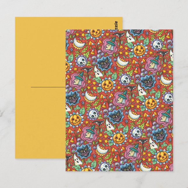 WITCH, CAT, GHOST, COLORFUL HALLOWEEN FOLK GARDEN POSTCARD (Front/Back)