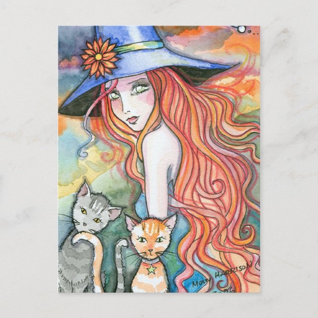 Witch Cat Halloween Art Postcard by Molly Harrison (Front)