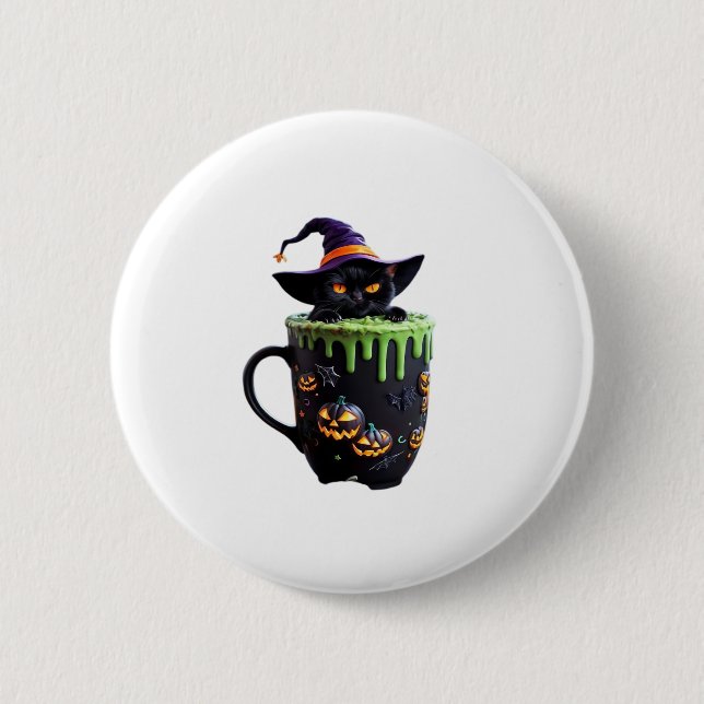 Witch Cat Halloween Coffee Mug � Cute Black Cat wi 6 Cm Round Badge (Front)