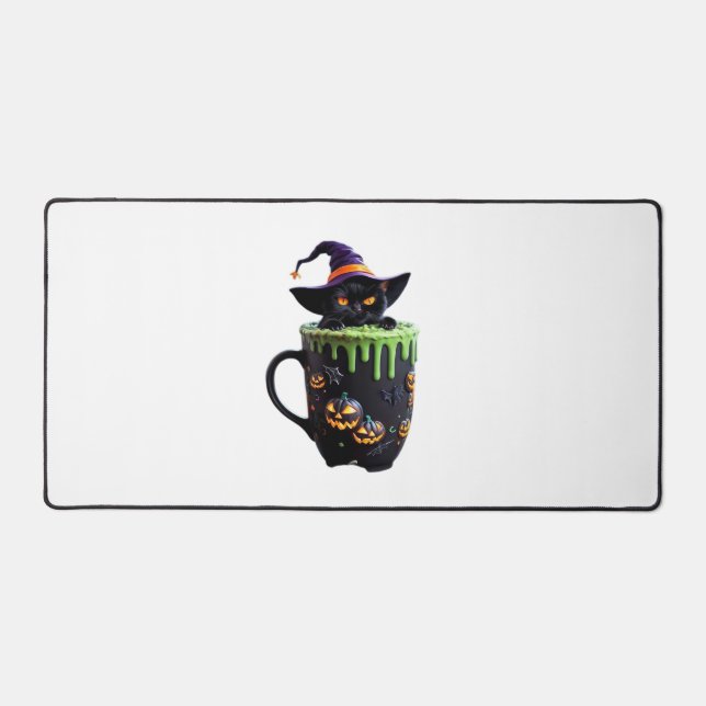 Witch Cat Halloween Coffee Mug – Cute Black Cat wi Desk Mat (Front)