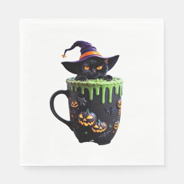 Witch Cat Halloween Coffee Mug – Cute Black Cat wi Napkin (Front)