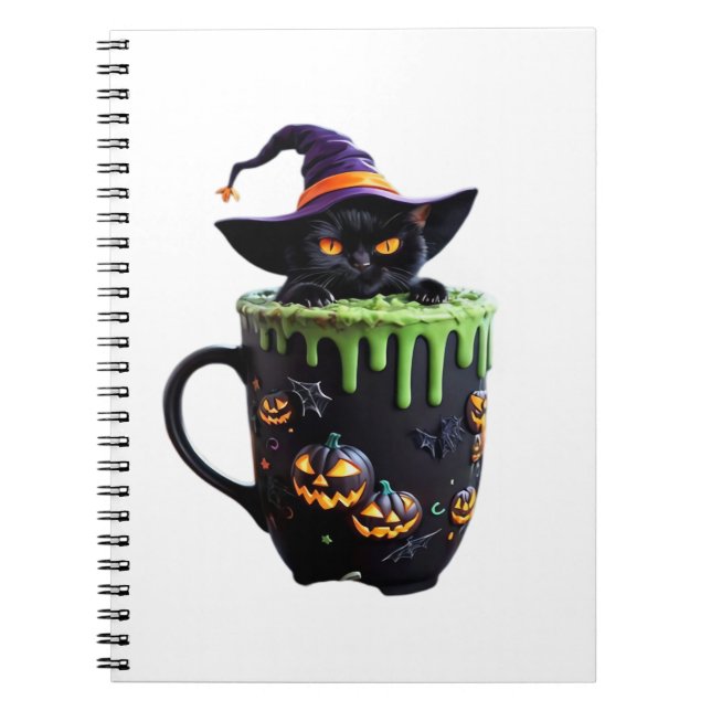 Witch Cat Halloween Coffee Mug – Cute Black Cat wi Notebook (Front)