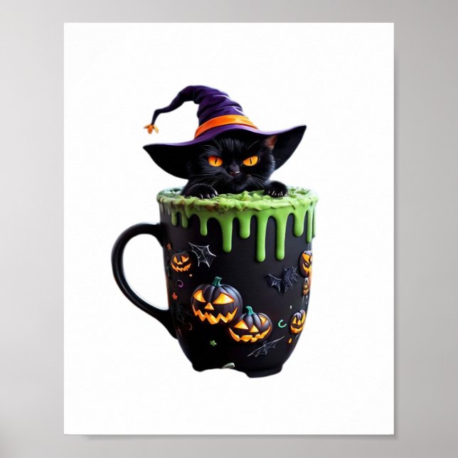 Witch Cat Halloween Coffee Mug – Cute Black Cat wi Poster (Front)