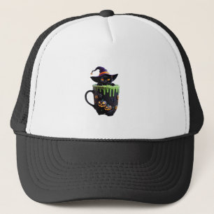 Witch Cat Halloween Coffee Mug Cute Black Cat wit Trucker Hat