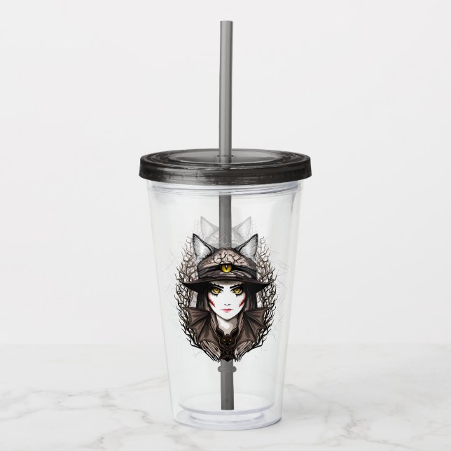 Witch Cat Halloween Creepy Cute Portrait Acrylic Tumbler (Front)