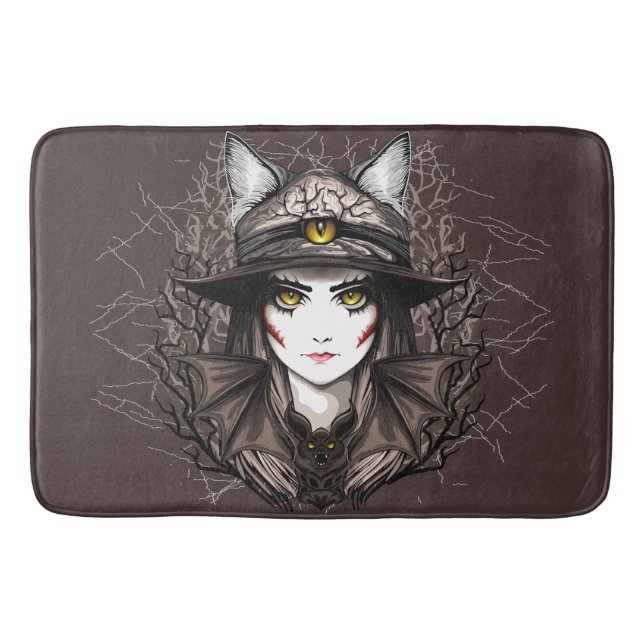 Witch Cat Halloween Creepy Cute Portrait Bath Mat (Front)
