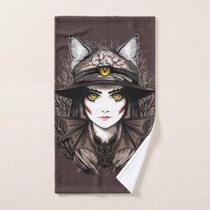 Witch Cat Halloween Creepy Cute Portrait Bath Towel Set