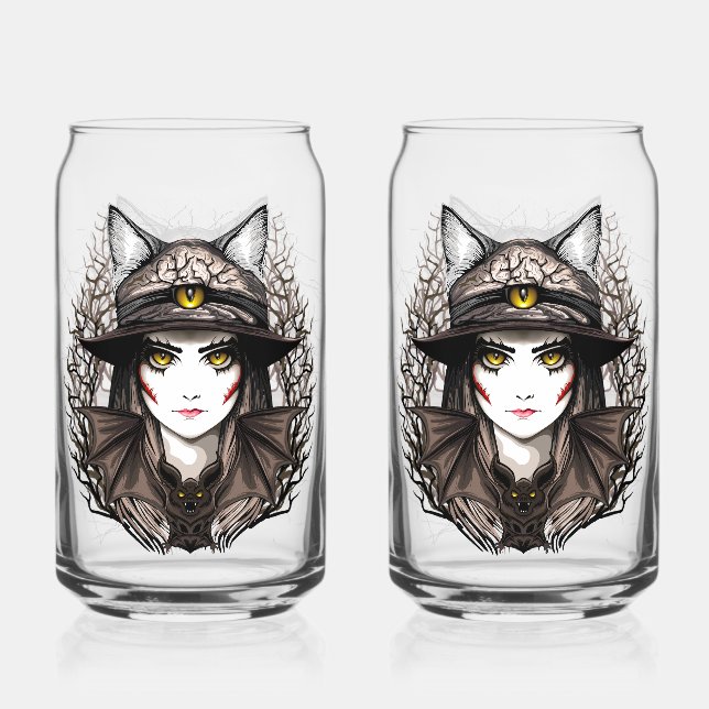 Witch Cat Halloween Creepy Cute Portrait Can Glass (Front)