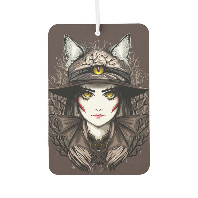 Witch Cat Halloween Creepy Cute Portrait Car Air Freshener (Front)