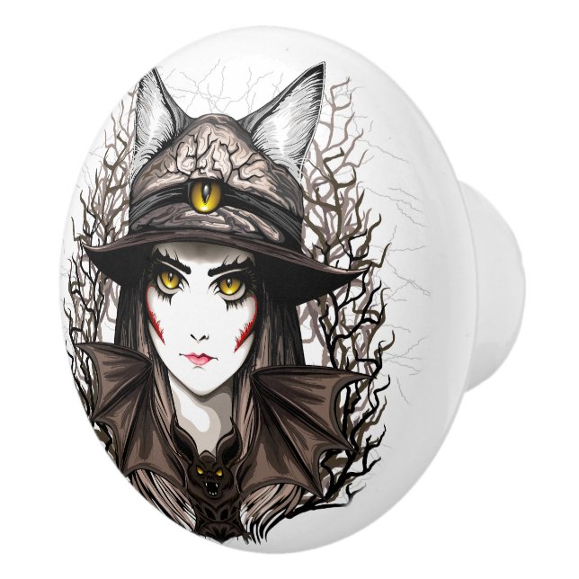 Witch Cat Halloween Creepy Cute Portrait Ceramic Knob (Right)