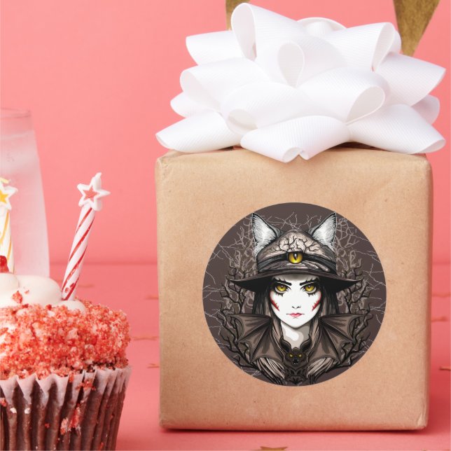 Witch Cat Halloween Creepy Cute Portrait Classic Round Sticker (Party)