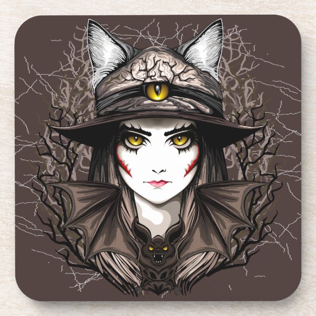 Witch Cat Halloween Creepy Cute Portrait Coaster (Front)