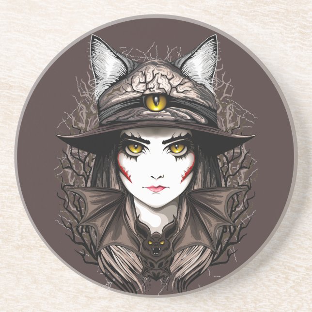 Witch Cat Halloween Creepy Cute Portrait Coaster (Front)