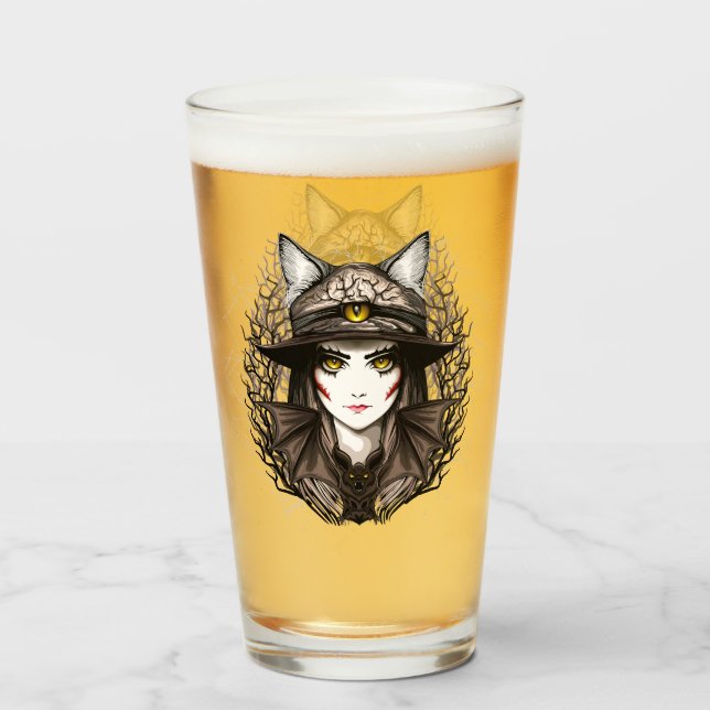 Witch Cat Halloween Creepy Cute Portrait Glass (Front Filled)